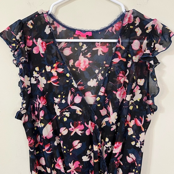 Betsey Johnson Sheer Blue Pink Floral V-Neck Romper Lingerie - Picture 2 of 13
